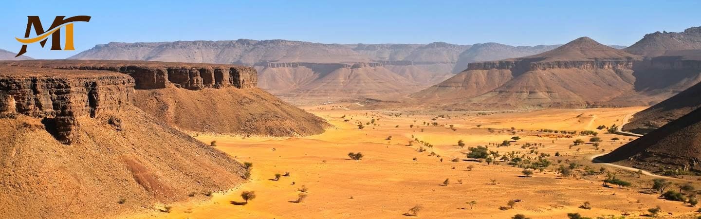 Panoramic view of Mauritanian canyon with logo